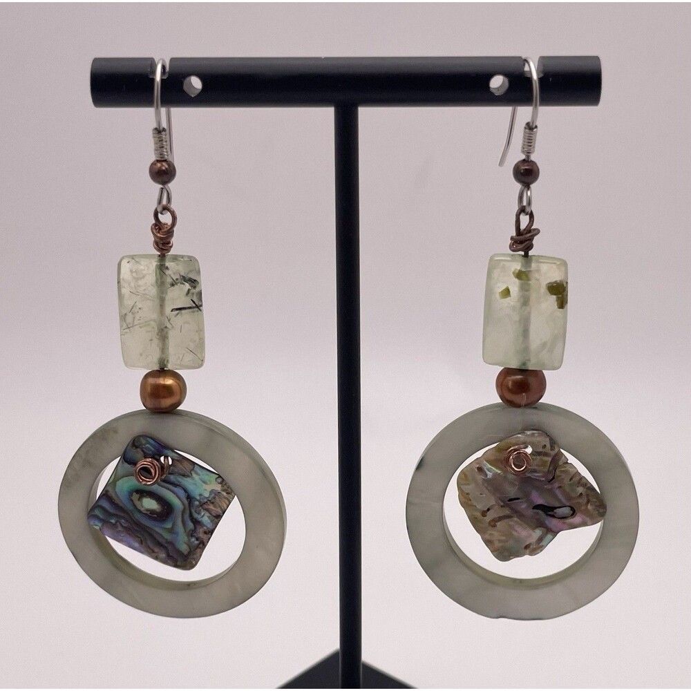 Artisan Green Natural Stone Abalone Shell Pearl Copper Wire Silvertone Earrings